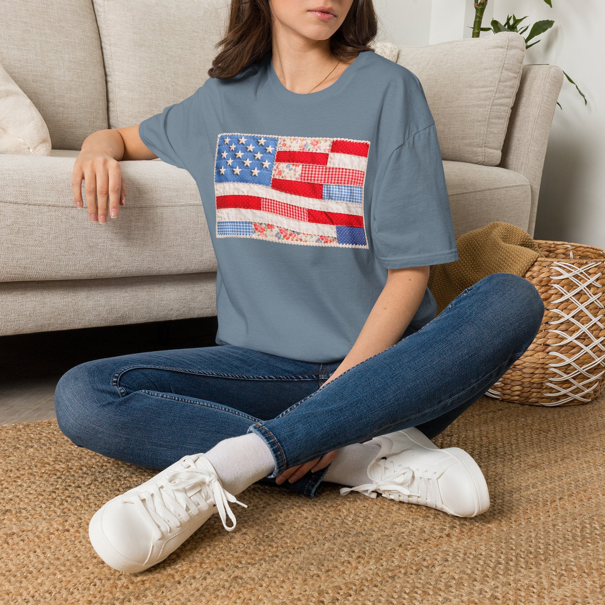 American Patchwork Flag T-Shirt — Vintage Floral Stars & Stripes Tee for 4th of July