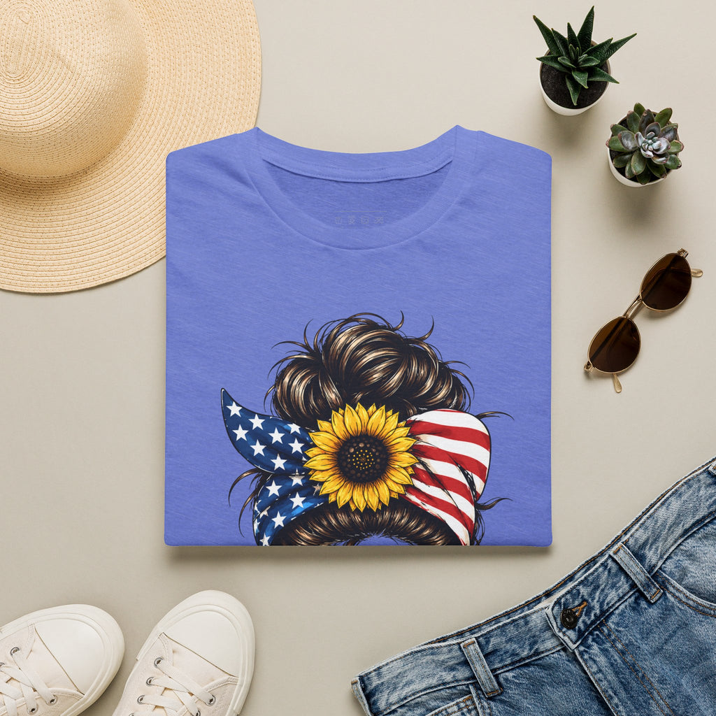 T-Shirt — Patriotic Sunflower Messy Bun (America)