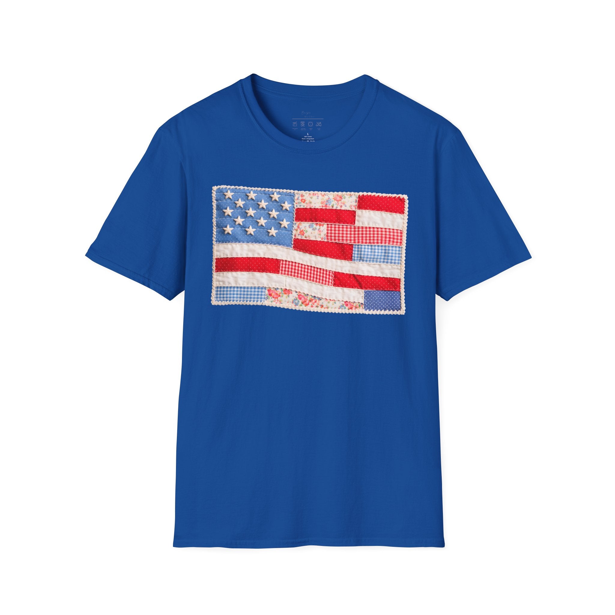 American Patchwork Flag T-Shirt — Vintage Floral Stars & Stripes Tee for 4th of July