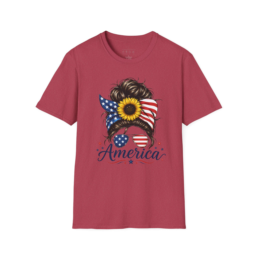 T-Shirt — Patriotic Sunflower Messy Bun (America)
