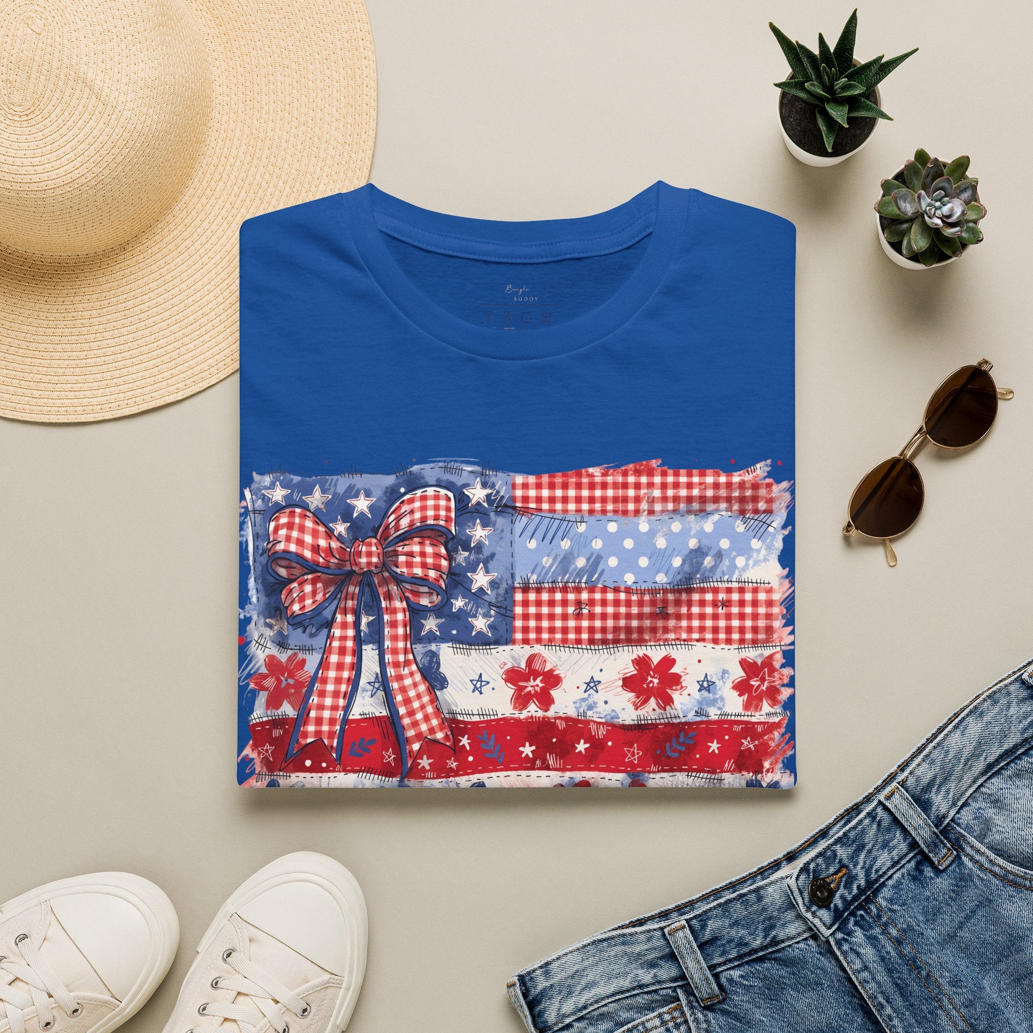 Patriotic Flag Bow T-Shirt — American Red White Blue Fourth of July Tee