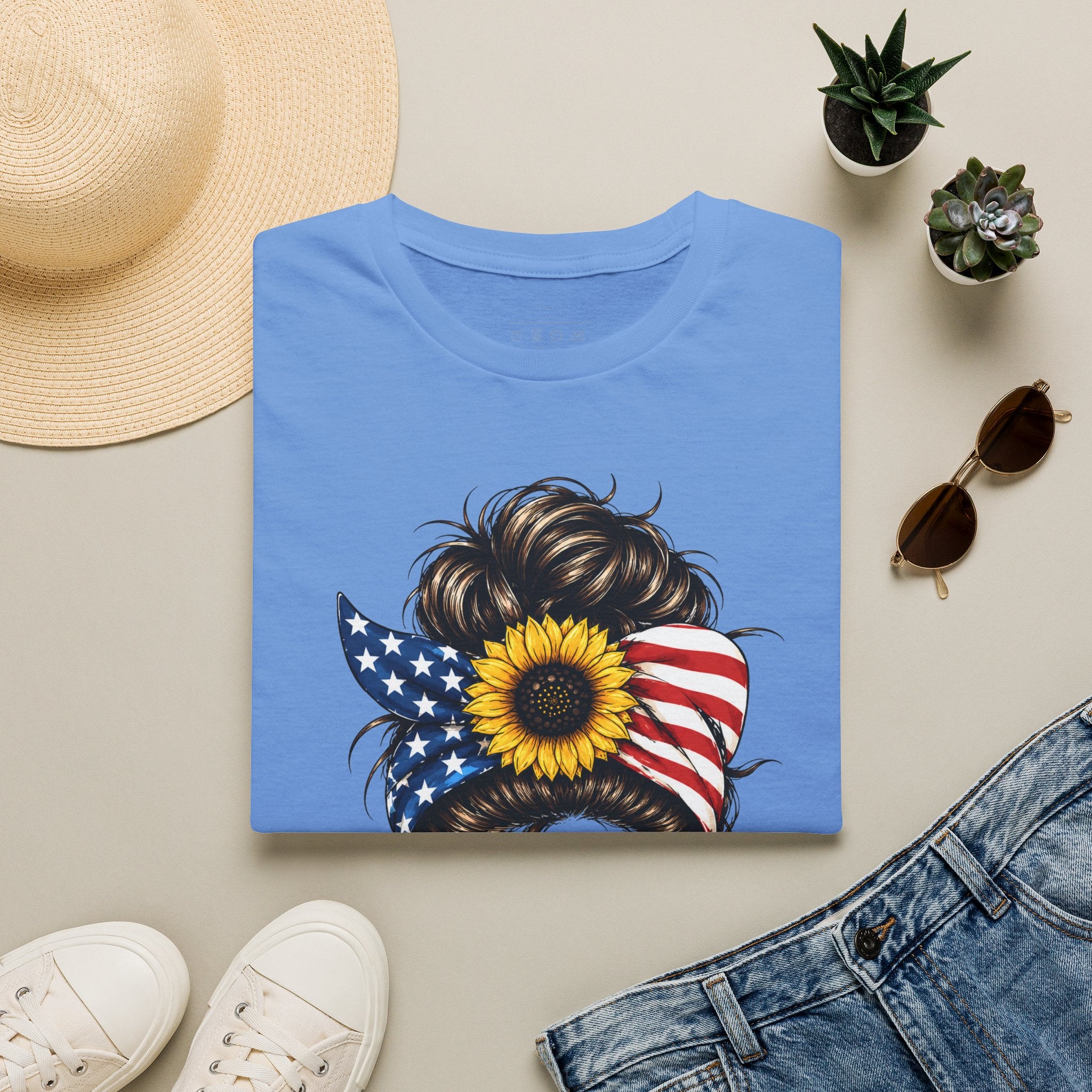 T-Shirt — Patriotic Sunflower Messy Bun (America)