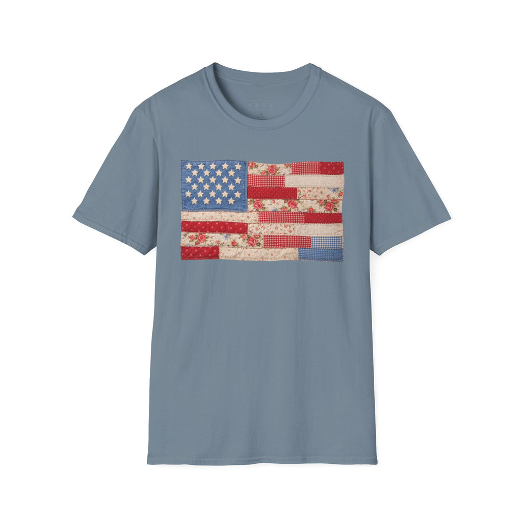Patchwork American Flag T-Shirt — Vintage Floral Patriotic Tee