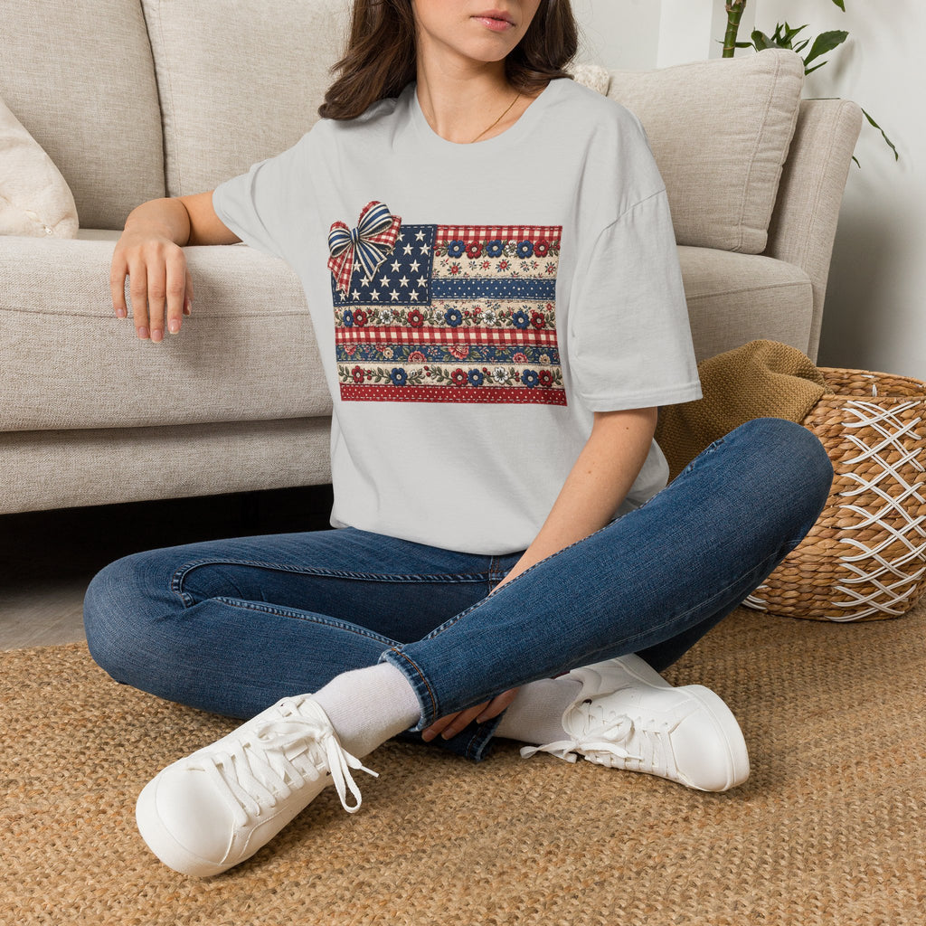 Patriotic Floral Flag T-Shirt — Americana Bow Stars & Stripes Top