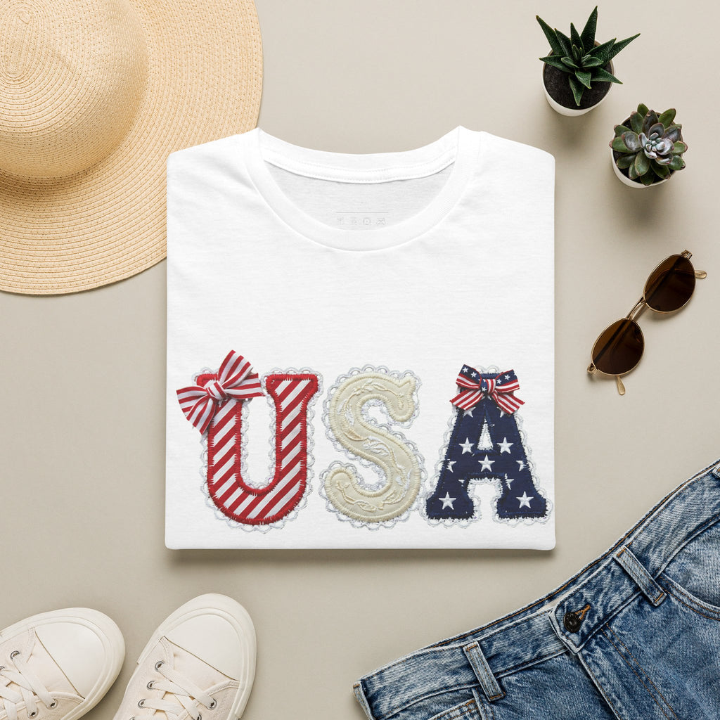 USA Applique T-Shirt — Patriotic 4th of July Flag Letter Tee