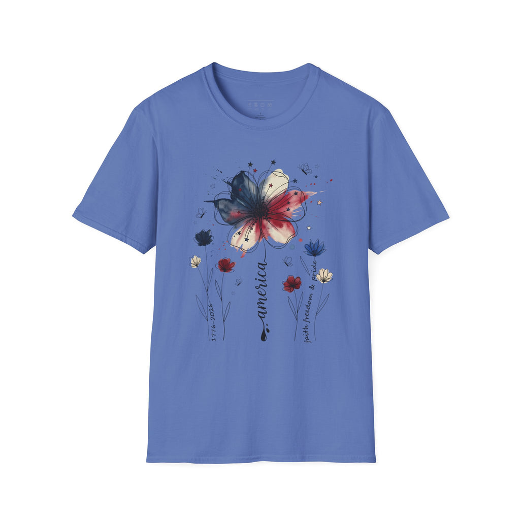 Butterfly Watercolor T-Shirt — Patriotic Red White Blue Floral Graphic