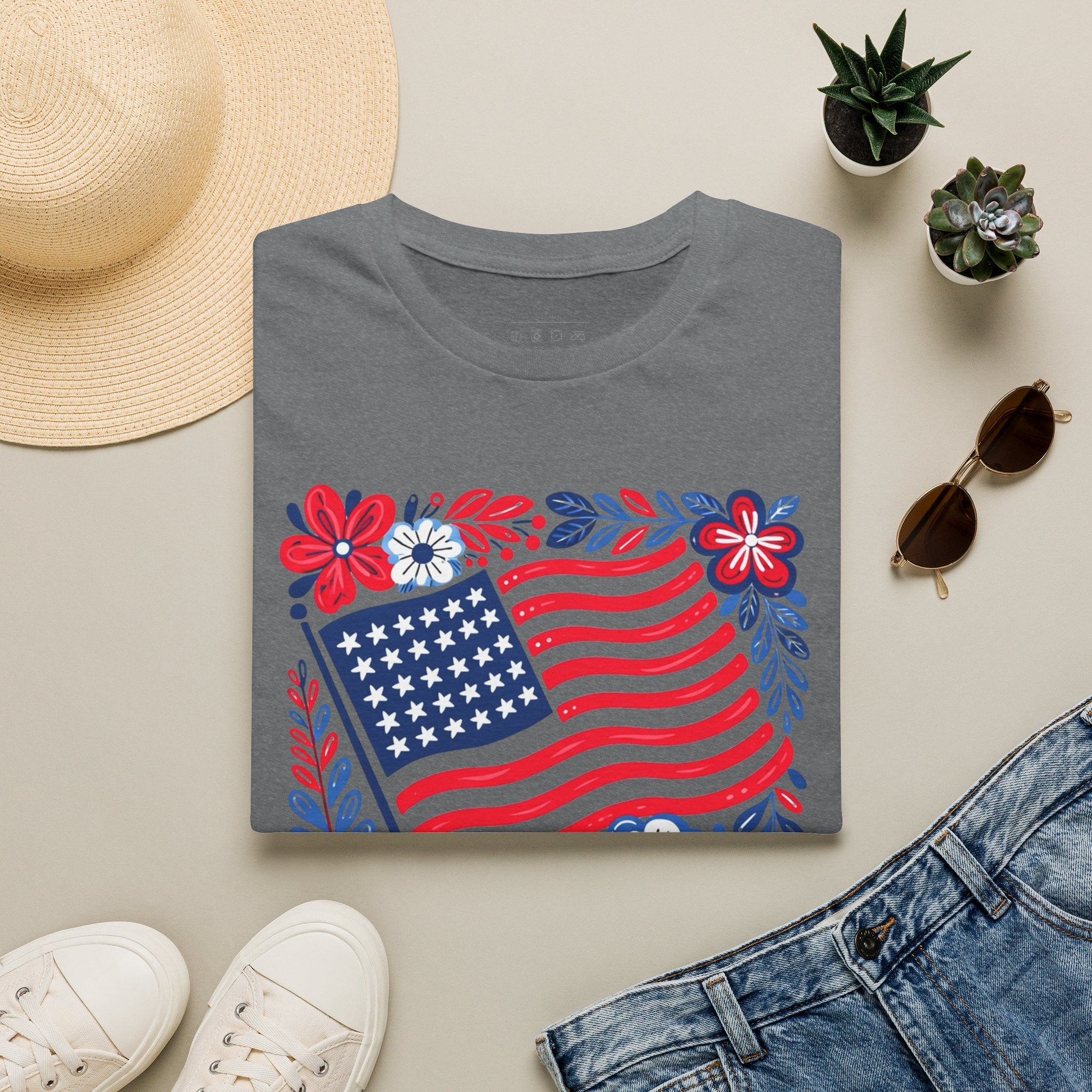 American Flag Floral T-Shirt — Patriotic Stars & Stripes Tee