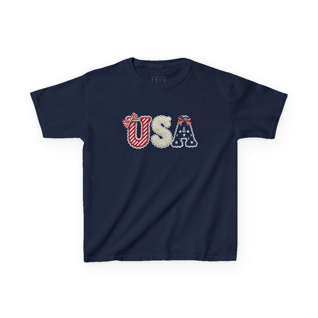 Youth, Kids USA Patriotic Tee — Red White & Blue Flag Letters