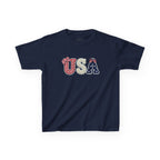Youth, Kids USA Patriotic Tee — Red White & Blue Flag Letters