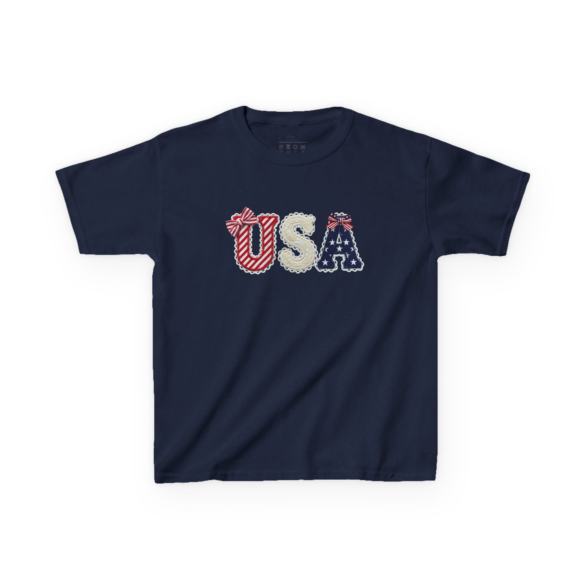 Youth, Kids USA Patriotic Tee — Red White & Blue Flag Letters