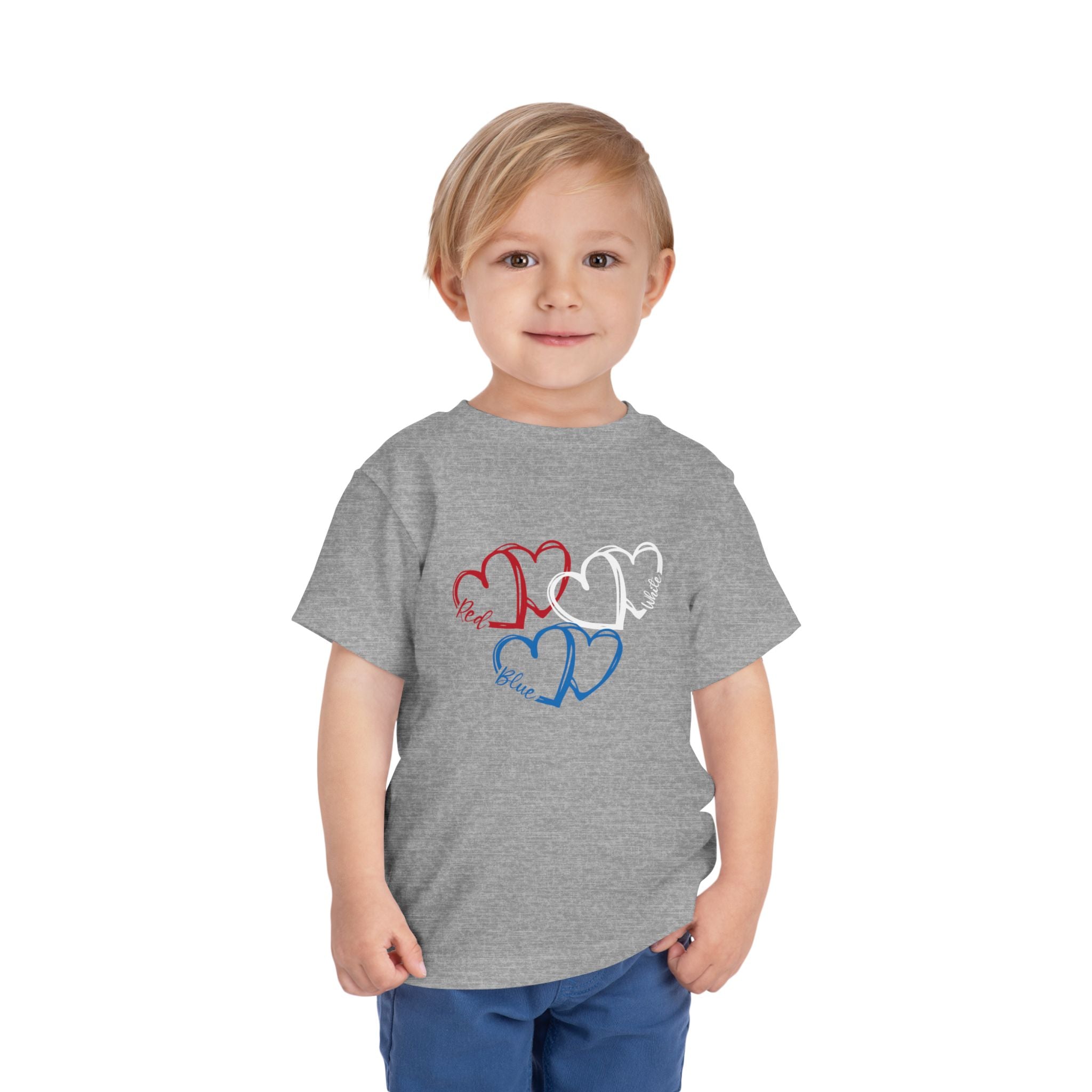 Toddler Tee — Red White Blue Heart Trio (Patriotic Kids Shirt)