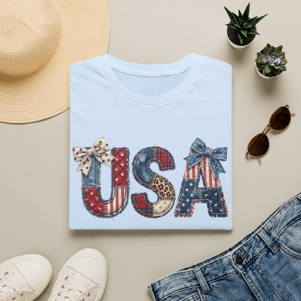 USA Patriotic T-Shirt — Distressed Flag Letters with Bows (4th of July)