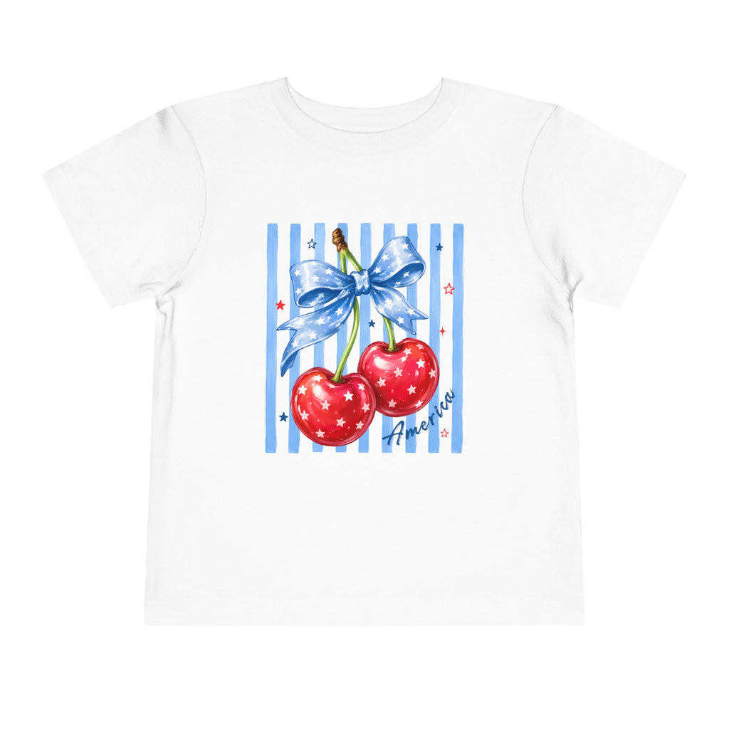 Toddler Tee Cherry Bow   — Cute Red Cherries with Blue Stripes