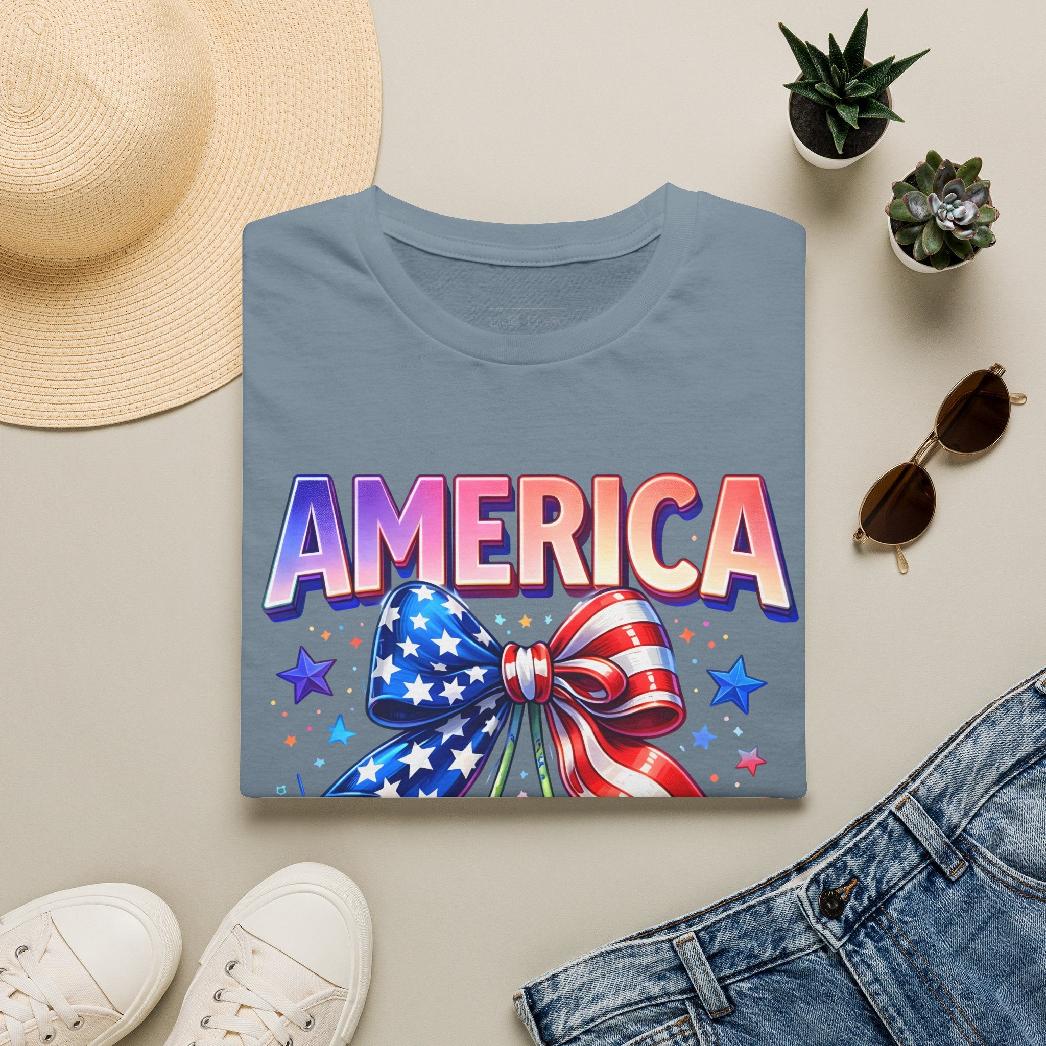 America Patriotic Cherry Graphic T-Shirt — USA Flag Bow 4th of July Tee