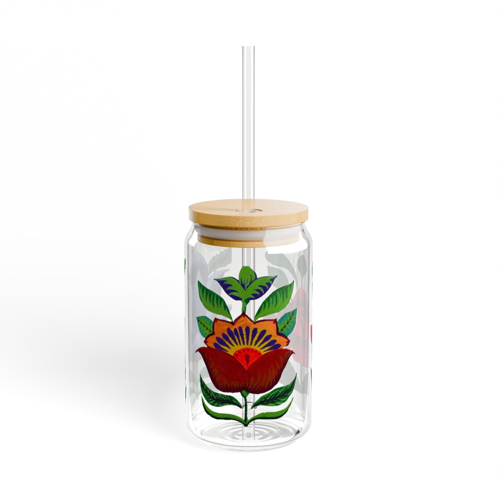 Floral Glass Sipper Cup — 16oz Double-Walled Drink Jar with Bamboo Lid & Straw