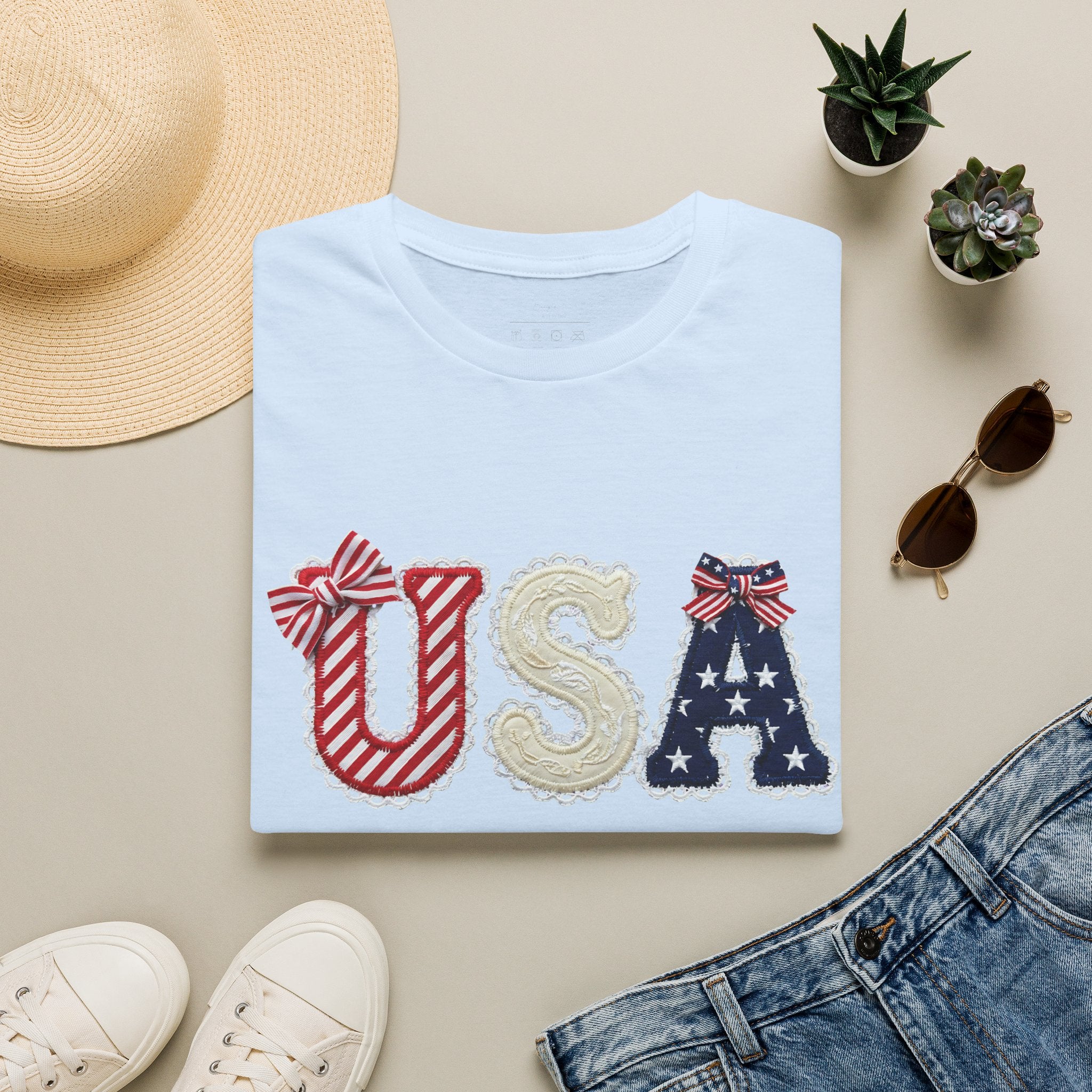 USA Applique T-Shirt — Patriotic 4th of July Flag Letter Tee