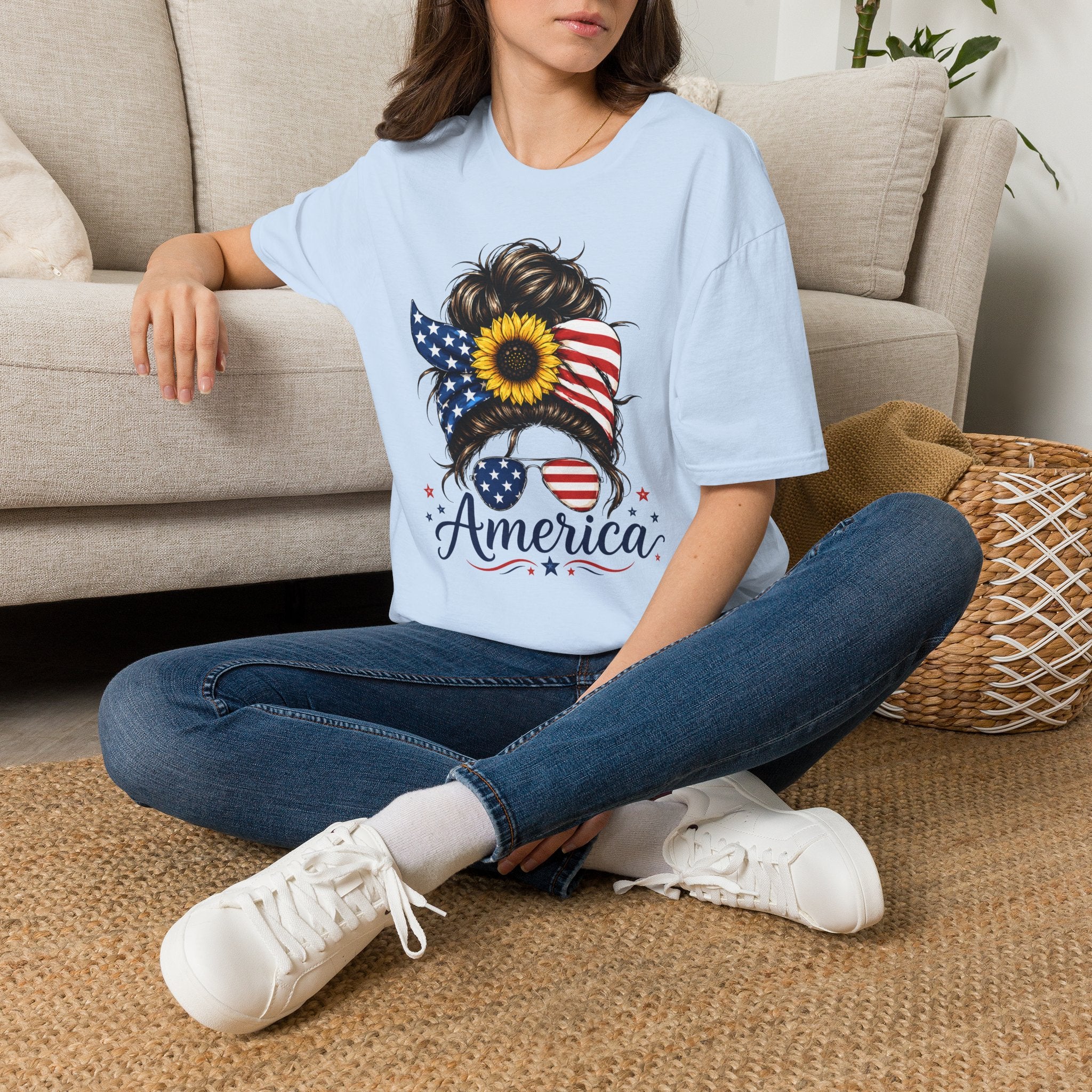 T-Shirt — Patriotic Sunflower Messy Bun (America)