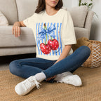 Cherry Graphic T-Shirt — Blue Bow & Striped Summer Tee