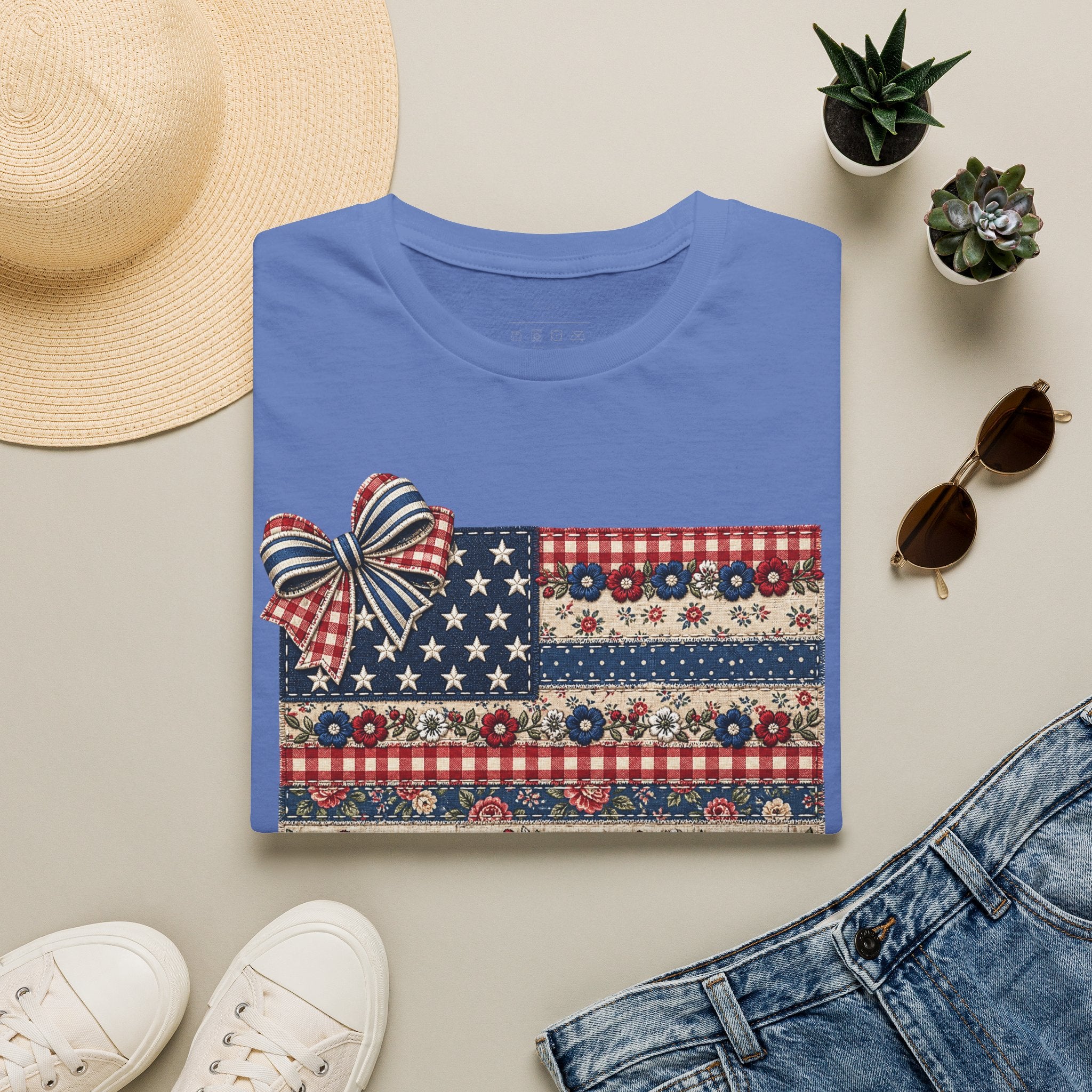 Patriotic Floral Flag T-Shirt — Americana Bow Stars & Stripes Top