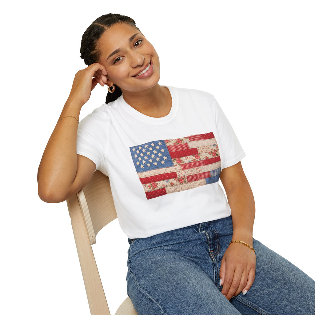 Patchwork American Flag T-Shirt — Vintage Floral Patriotic Tee