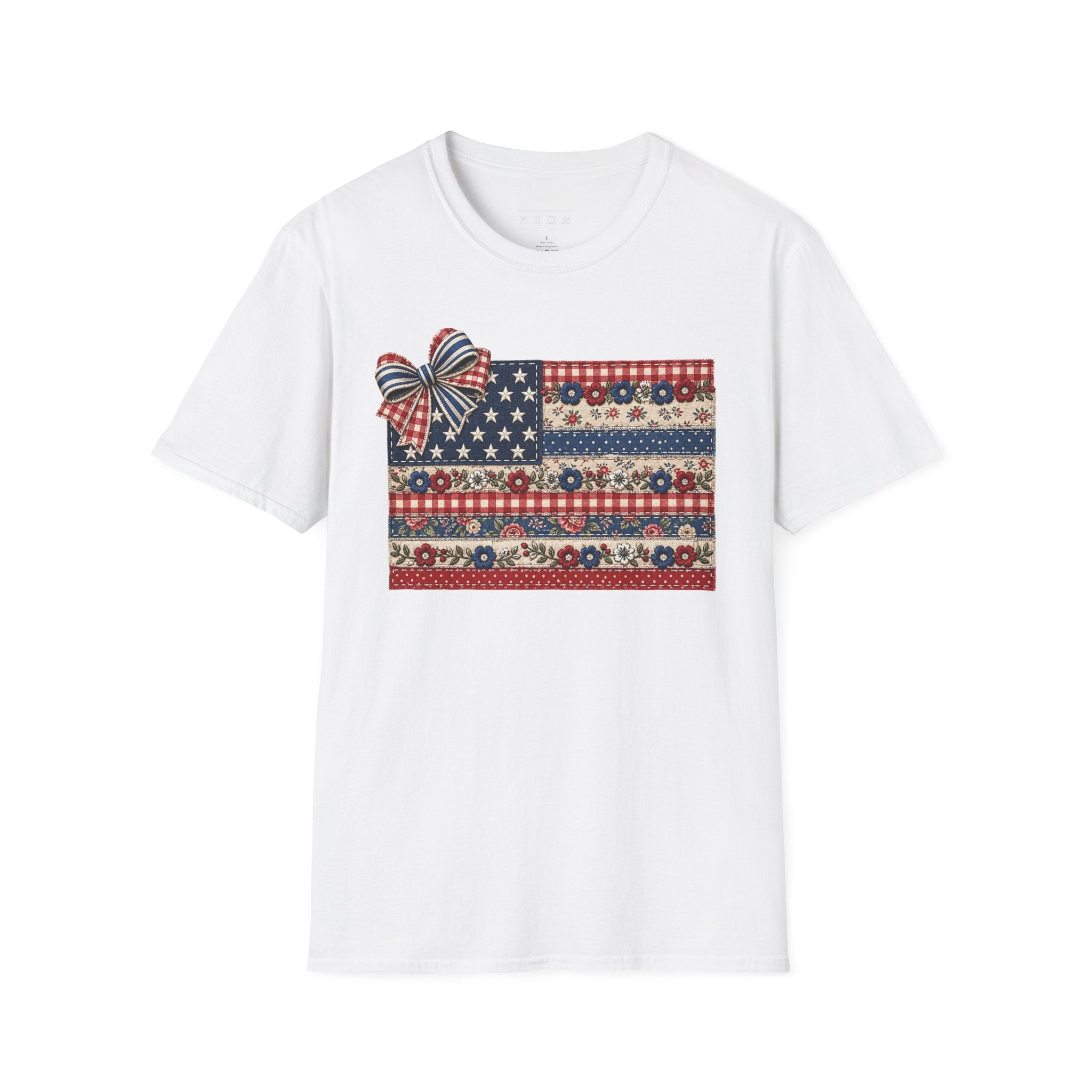 Patriotic Floral Flag T-Shirt — Americana Bow Stars & Stripes Top