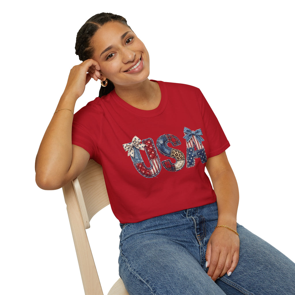 USA Distressed Flag Letters with Bows (4th of July) Tee shirt