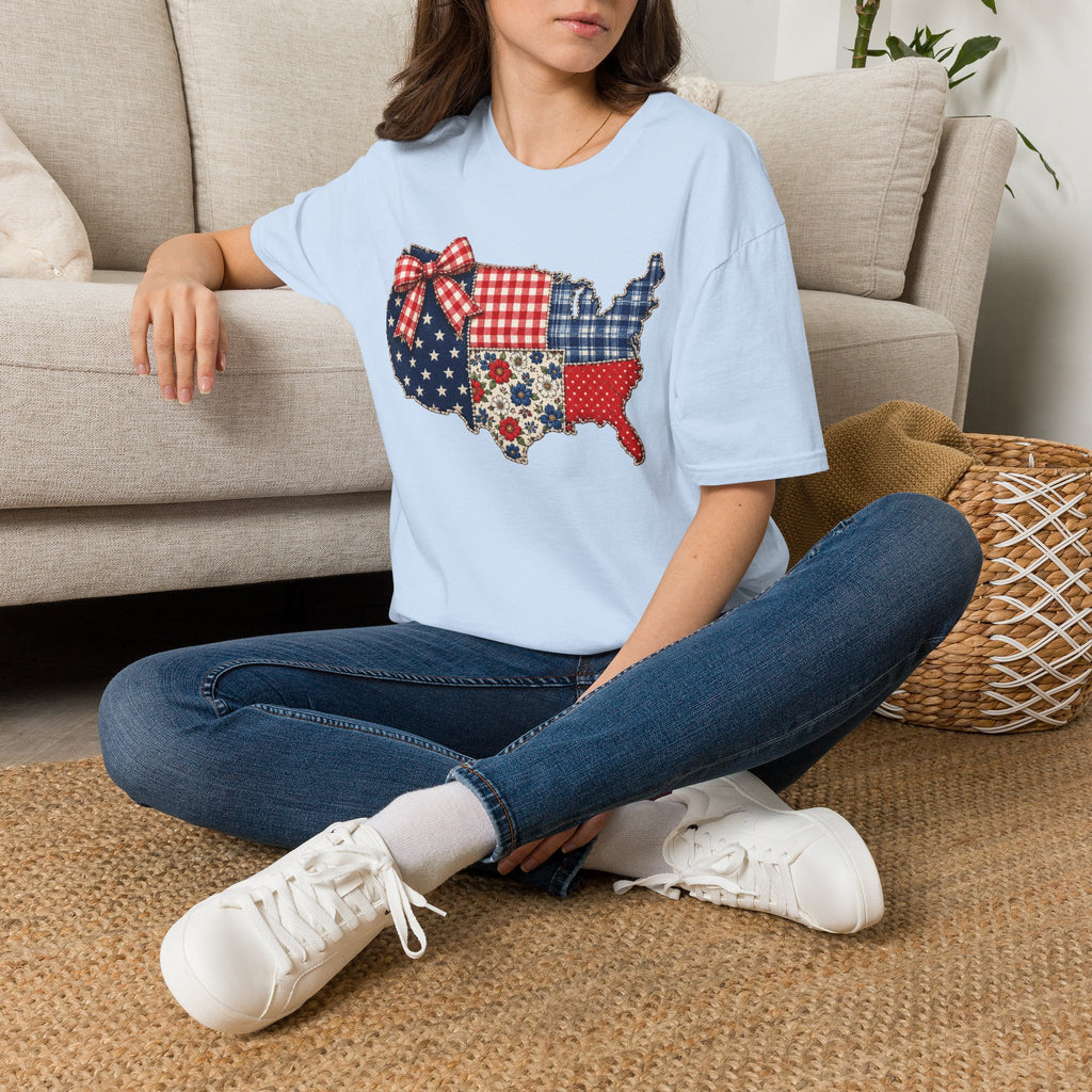 Patriotic Patchwork USA T-Shirt — Quilted Red White & Blue Map Tee